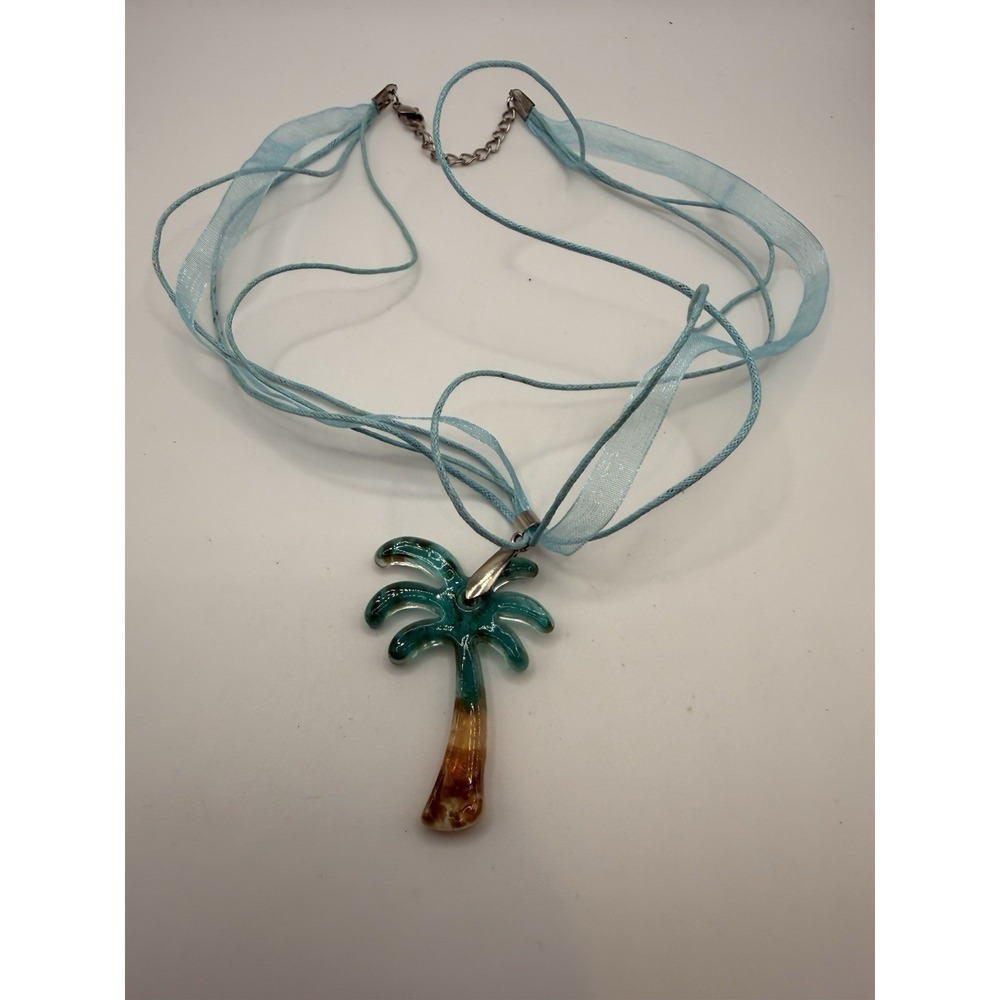 Palm Tree Pendant Necklace Blue Ribbon Cord‎ Tropical Beach Glass Resin